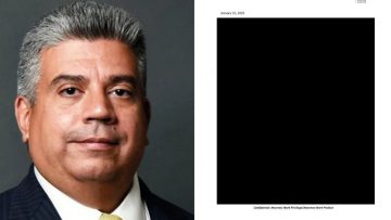 Brooklyn District Attorney Eric Gonzalez beside a page of the 58-page report his office released with its contents blacked out
