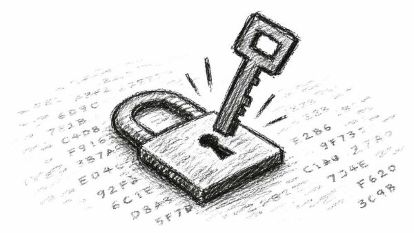 Pencil sketch of a padlock being opened by a key, surrounded by hexadecimal code