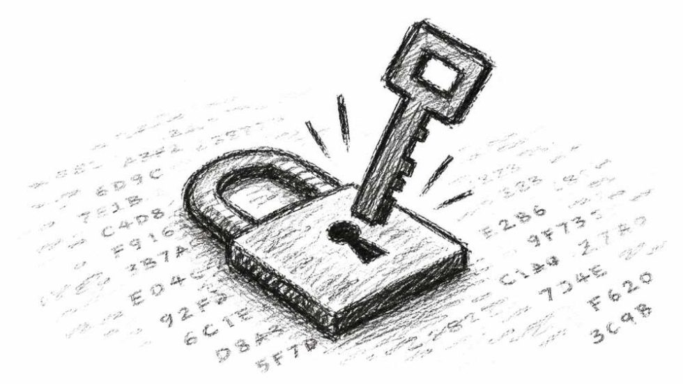 Pencil sketch of a padlock being opened by a key, surrounded by hexadecimal code
