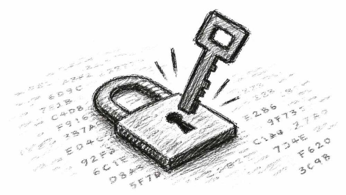Pencil sketch of a padlock being opened by a key, surrounded by hexadecimal code