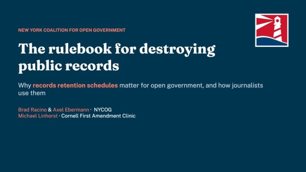 Title slide: The rulebook for destroying public records. Why records retention schedules matter for open government, and how journalists use them.